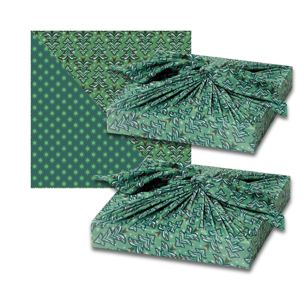 Set of 2 Large Reusable Cloth Furoshiki Gift Wrap | Christmas Trees & Stars