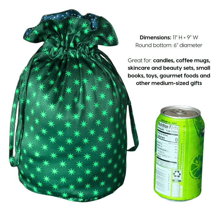 A green drawstring reusable gift bag with a star pattern, shown next to a lime-green beverage can for scale, with text detailing its dimensions and use cases.