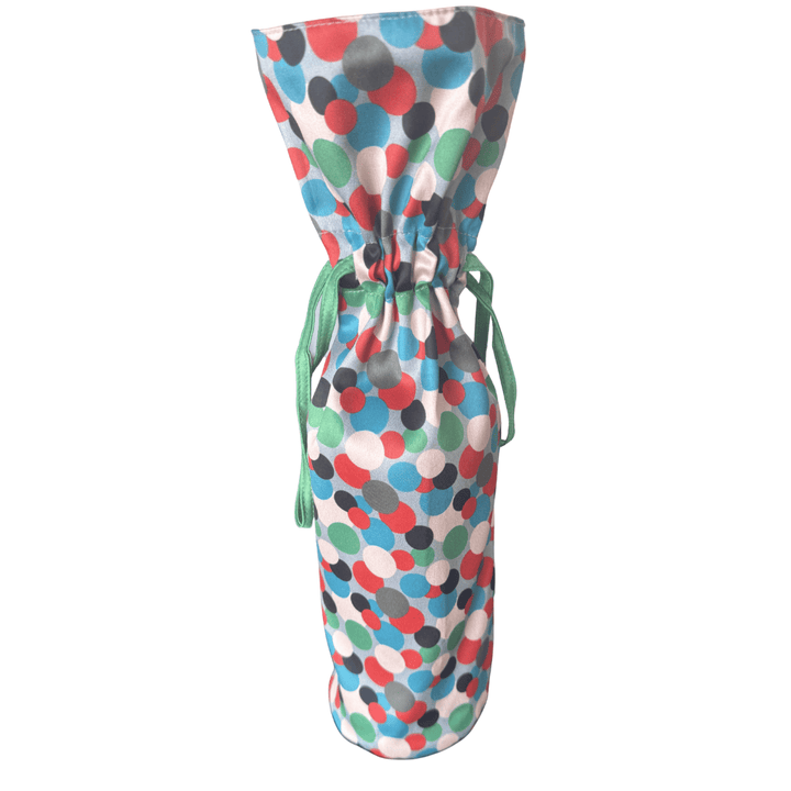 Colorful polka dot wine bottle bag on a white background