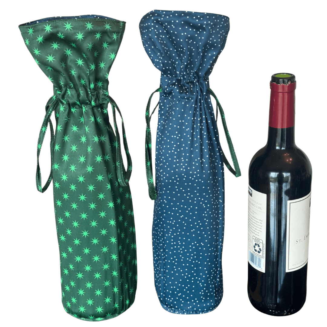 Grand sac cadeau réutilisable en tissu pour vin | Neige et étoiles
