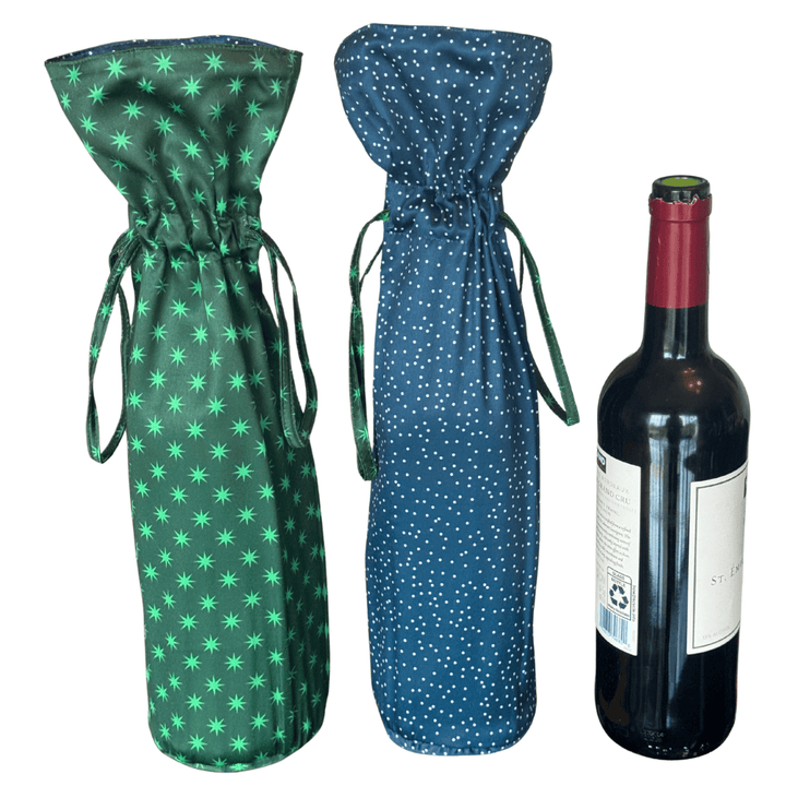 Grand sac cadeau réutilisable en tissu pour vin | Neige et étoiles