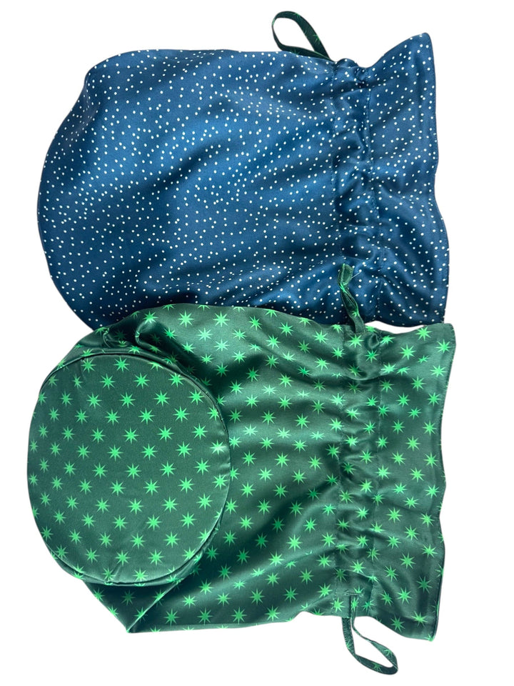 Two fabric bags, one blue with white polka dots and the other green with star patterns, on a white background.