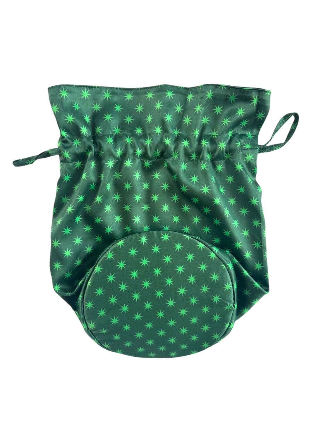 Green drawstring bag with star pattern on a white background