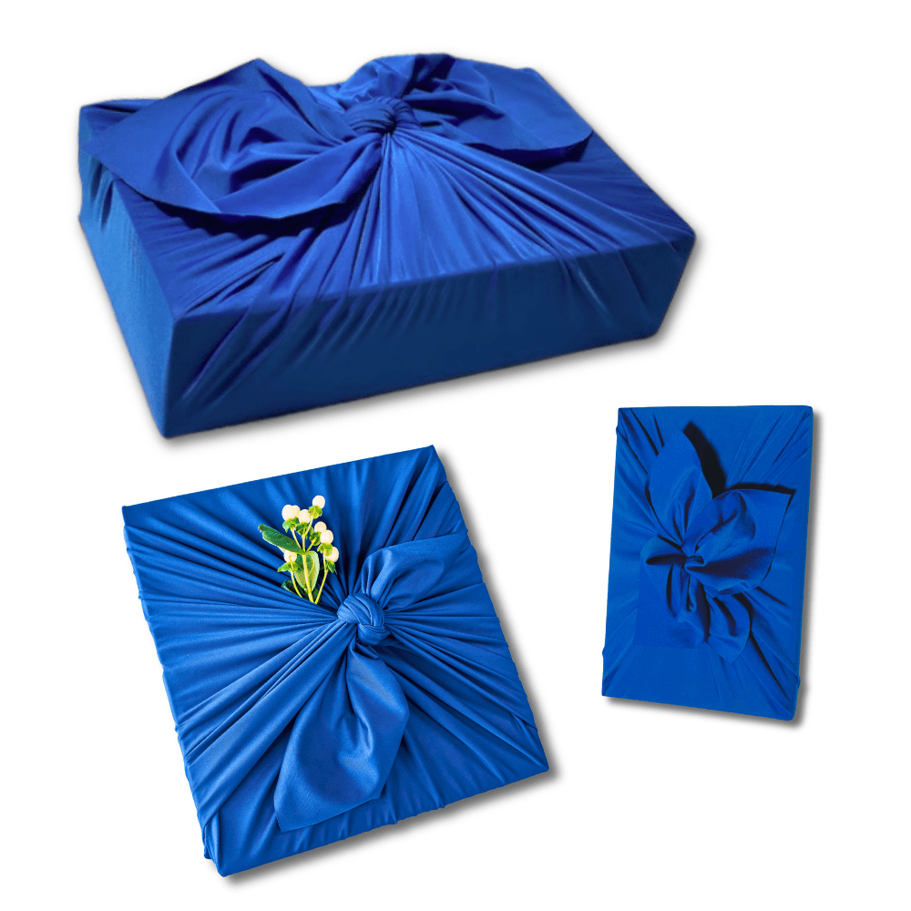 Paquete de 3 envoltorios de regalo de tela Furoshiki reutilizables de tamaño pequeño, grande y extragrande en azul oscuro