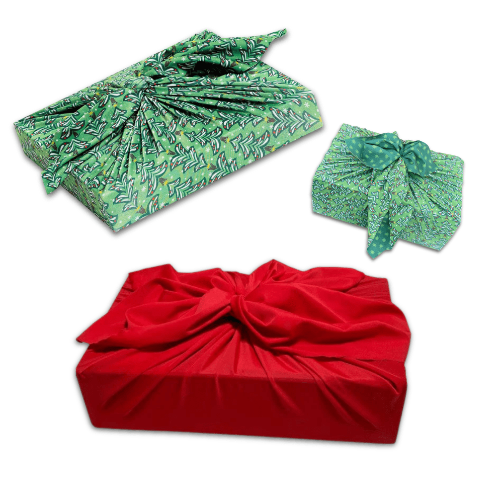 Set of 3 (S, L, XL) Reusable Cloth Furoshiki Gift Wrap | Christmas Trees & Bright Red