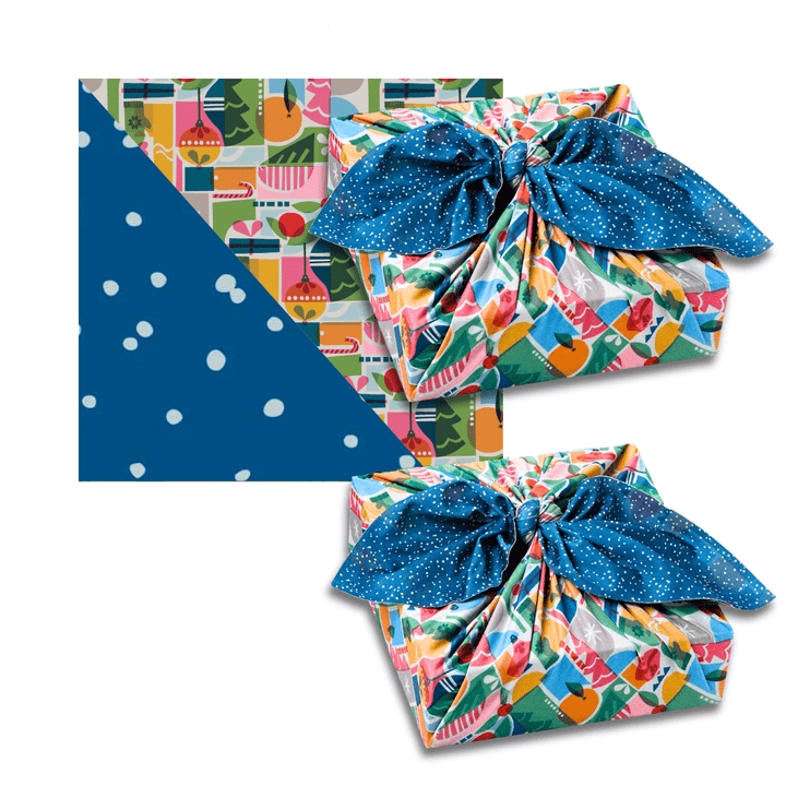 Papel de regalo Furoshiki de tela reutilizable de 28" con formas vintage y nieve (paquete de 2)